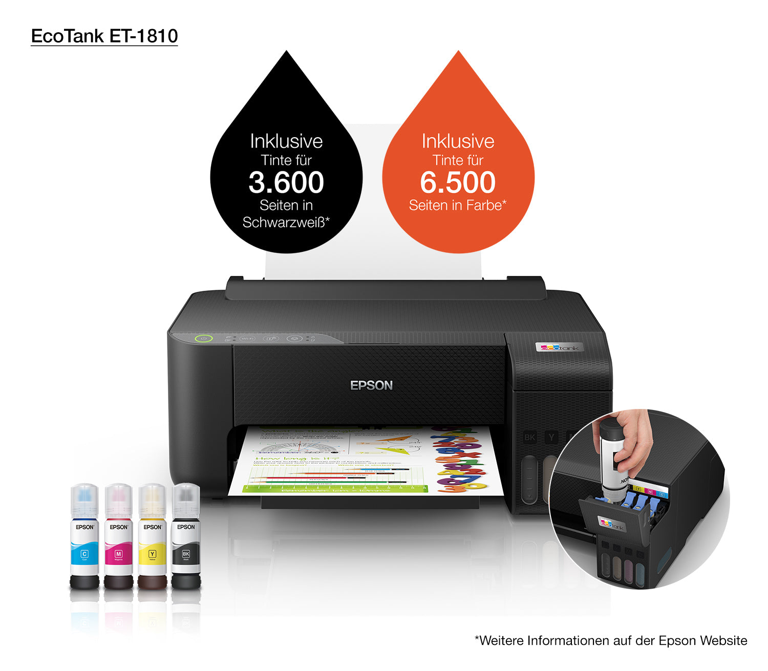 Epson EcoTank ET-1810 – Farbdrucker, A4, manueller Duplex, USB, WLAN, Wi‑Fi Direct