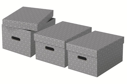 Esselte Archivschachtel A4 – mit Griffloch, 265 × 205 × 365 mm, Grau, Karton, 3er Pack