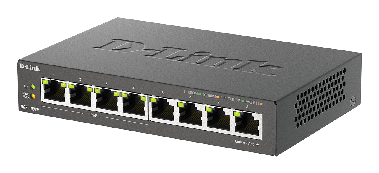 D-Link DGS-1008P – Unmanaged L2 Switch – 8× 1G, 4× PoE+, PoE Budget 60 W, Desktop