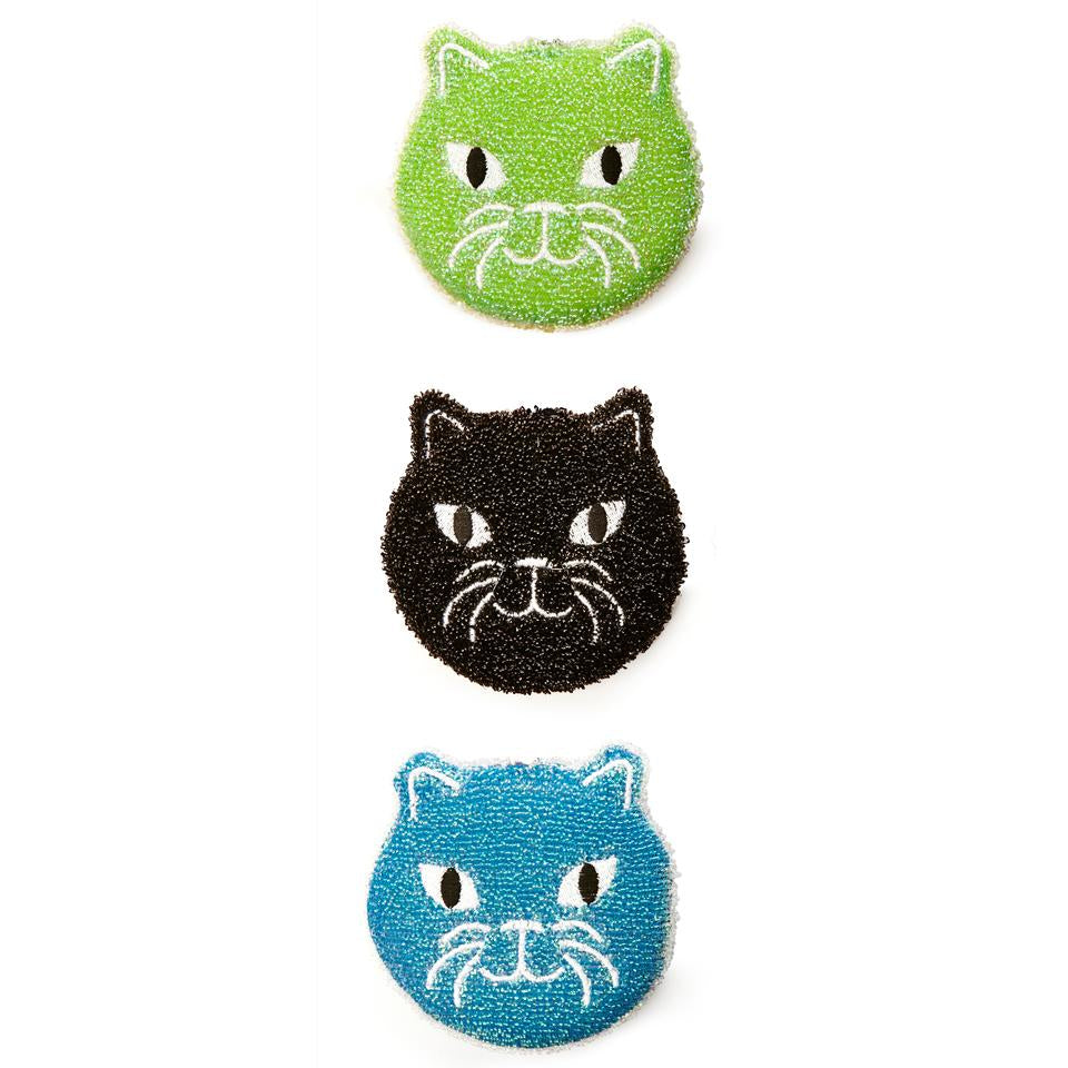 Kikkerland Reinigungsschwamm CU280 – Nylon/PU, Katzenmotiv, für Pfannen, 9,9 × 9,4 × 2 cm, mehrfarbig, 3 Stk.