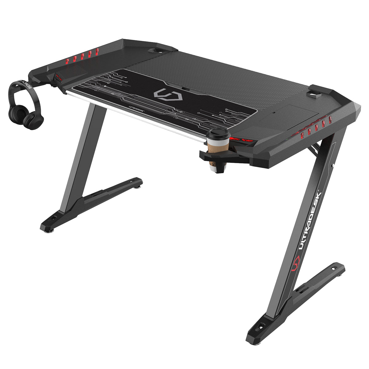 Ultradesk Rollbarer Computertisch, LED-Hintergrundbeleuchtung, Kopfhörer-Haken, 1'290×780×785 mm, Schwarz