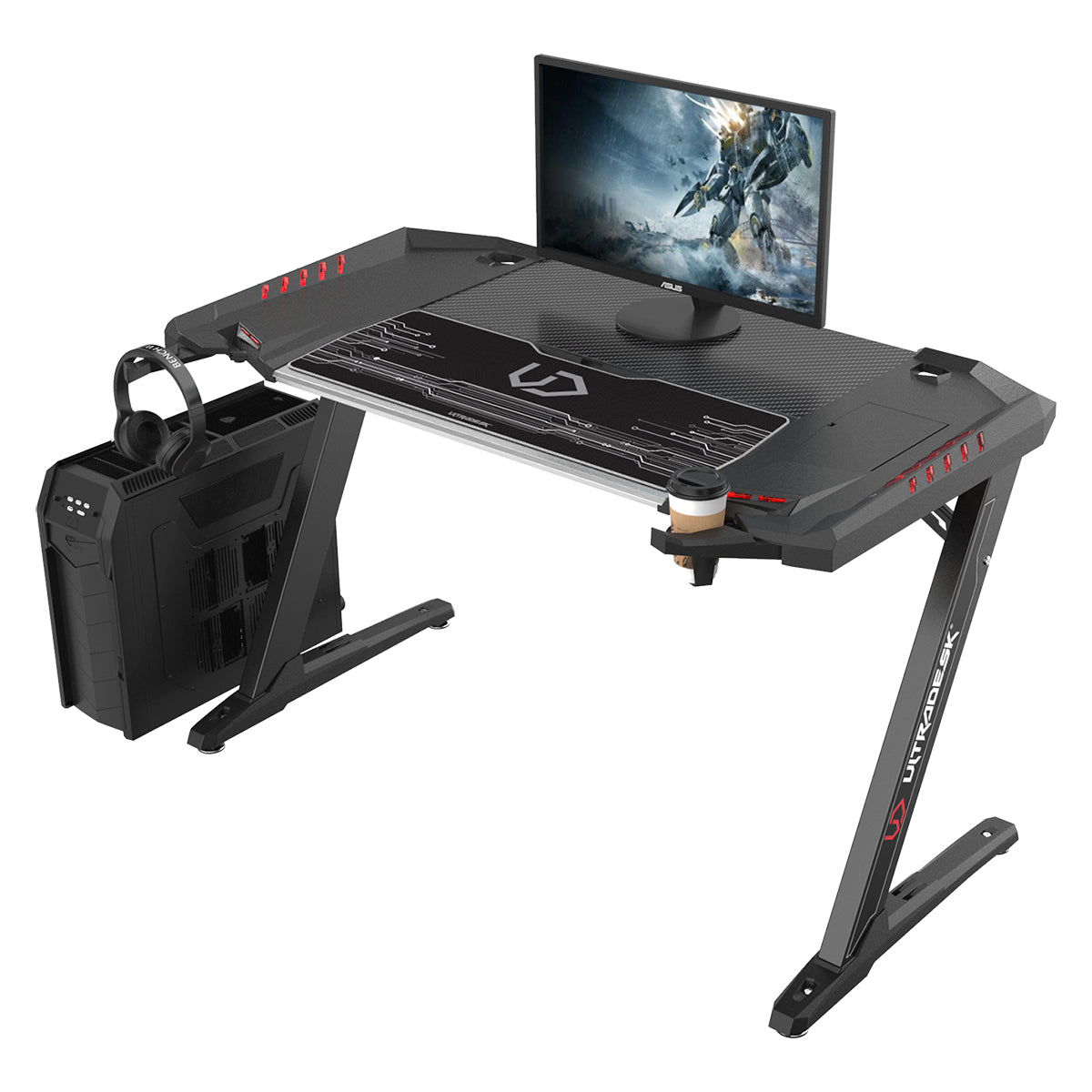 Ultradesk Rollbarer Computertisch, LED-Hintergrundbeleuchtung, Kopfhörer-Haken, 1'290×780×785 mm, Schwarz