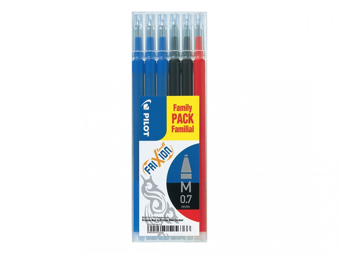 Pilot FriXion Rollerpatrone – Schwarz, Blau, Rot, 0,7 mm (Mittel), für Pilot FriXion Ball, Clicker, 6er-Pack