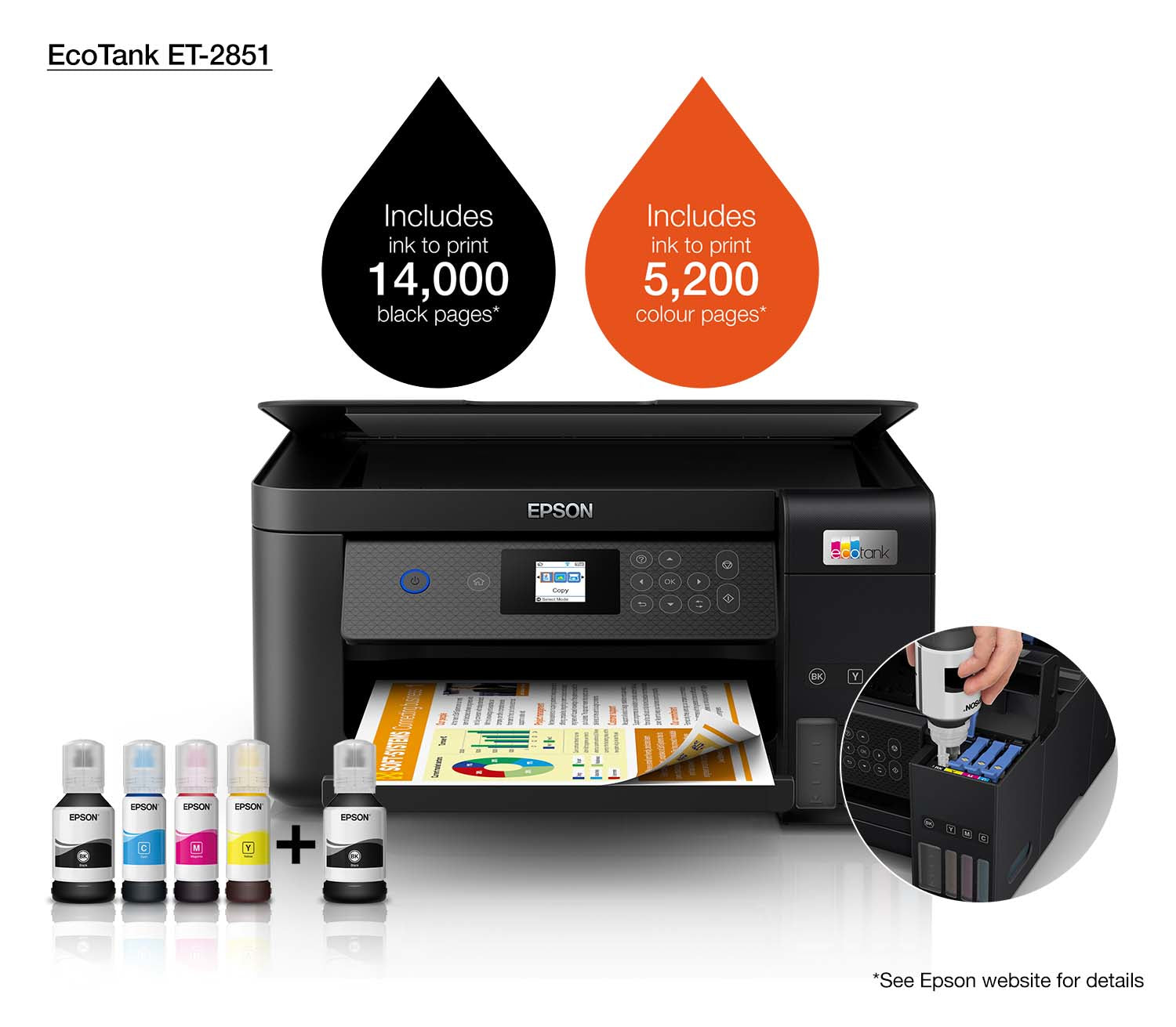 Epson EcoTank ET-2851 – Farbtintenstrahl-Multifunktionsdrucker, A4, 3-in-1, Duplex, WLAN, AirPrint