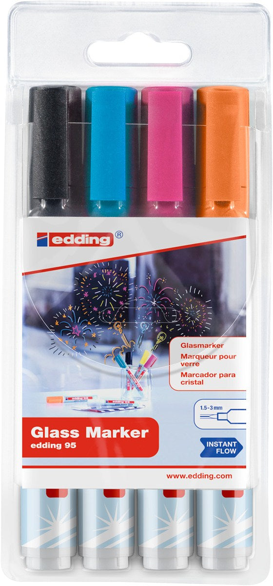 Edding Glasboard-Marker 95 – Rundspitze 1,5-3 mm – 4er-Set – sortiert – trocken abwischbar