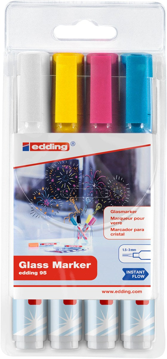 Edding Non-Permanent-Marker Glasboard 95 – Rundspitze 1,5-3 mm – Sortiert – 4er-Set – Trocken abwischbar