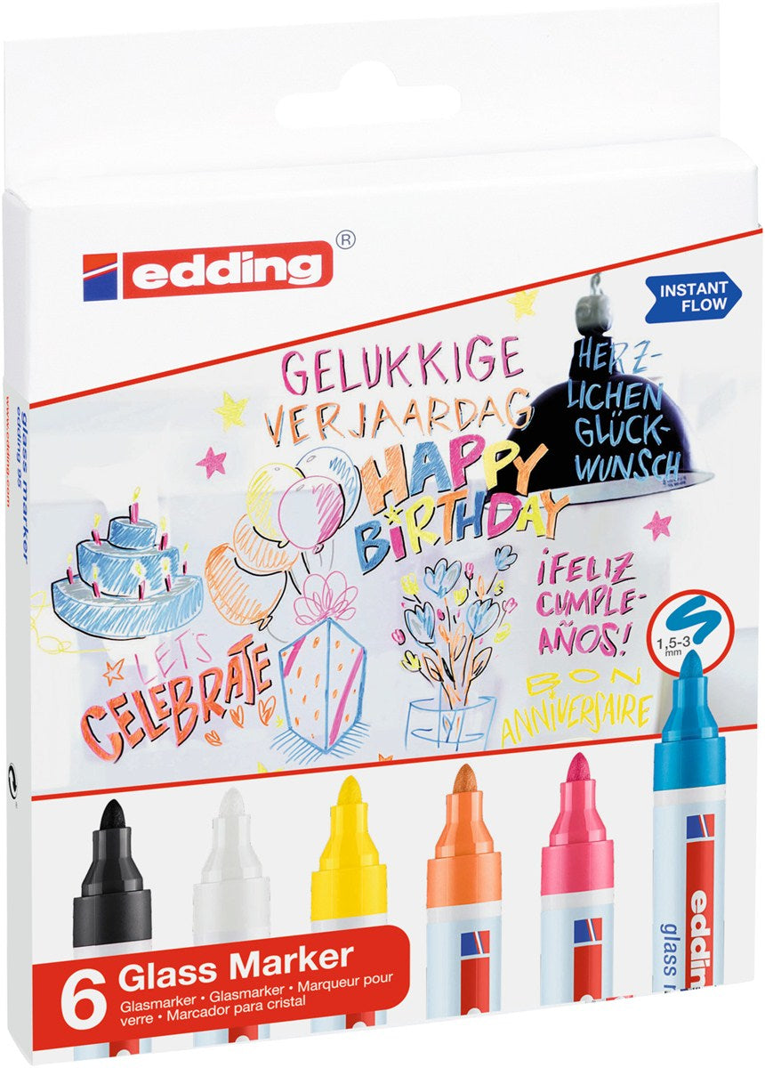 Edding Non-Permanent Marker Glasboard 95 – Rundspitze 1,5-3 mm – Sortiert – 6er-Set – Trocken abwischbar