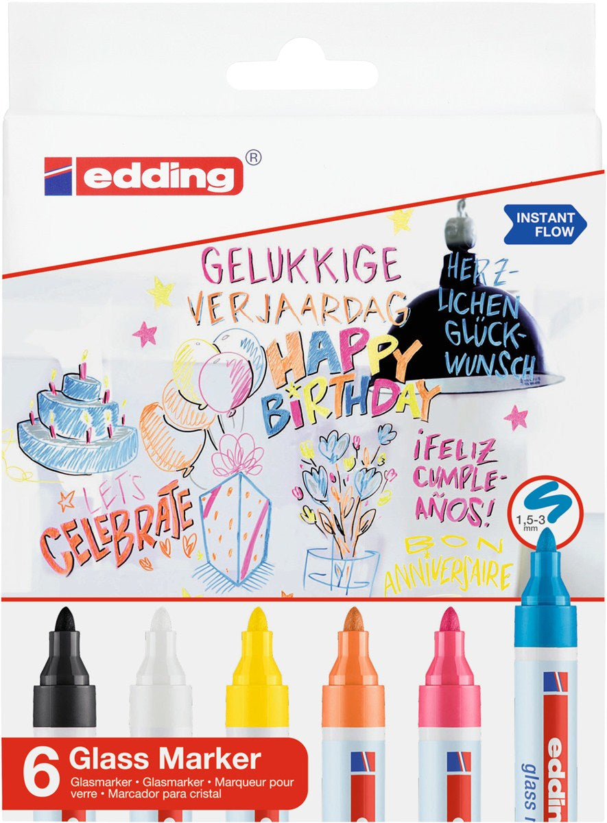Edding Non-Permanent Marker Glasboard 95 – Rundspitze 1,5-3 mm – Sortiert – 6er-Set – Trocken abwischbar