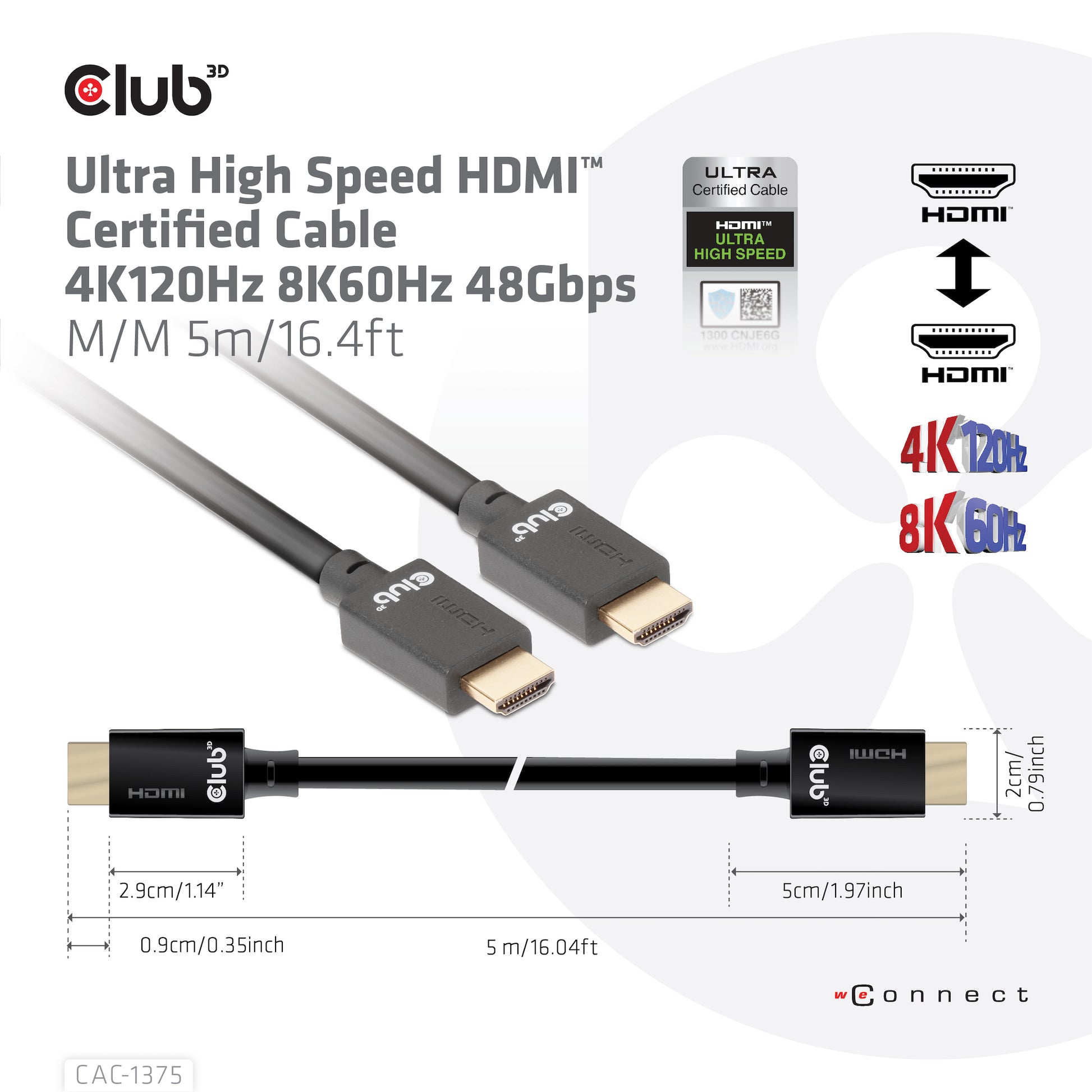 CLUB3D Club 3D HDMI Kabel HDMI 2.1 8K 60 Hz – 5 m – ARC – für Windows, Mac
