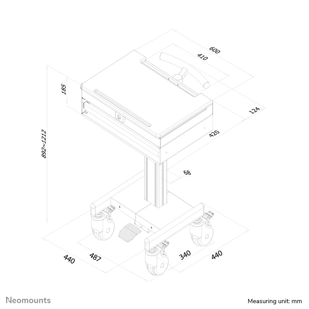 Neomounts IT-/Medizin-Fahrwagen – 60 × 54,4 × 121,2 cm, höhenverstellbar, grau, Stahl, für Laptops bis 17"