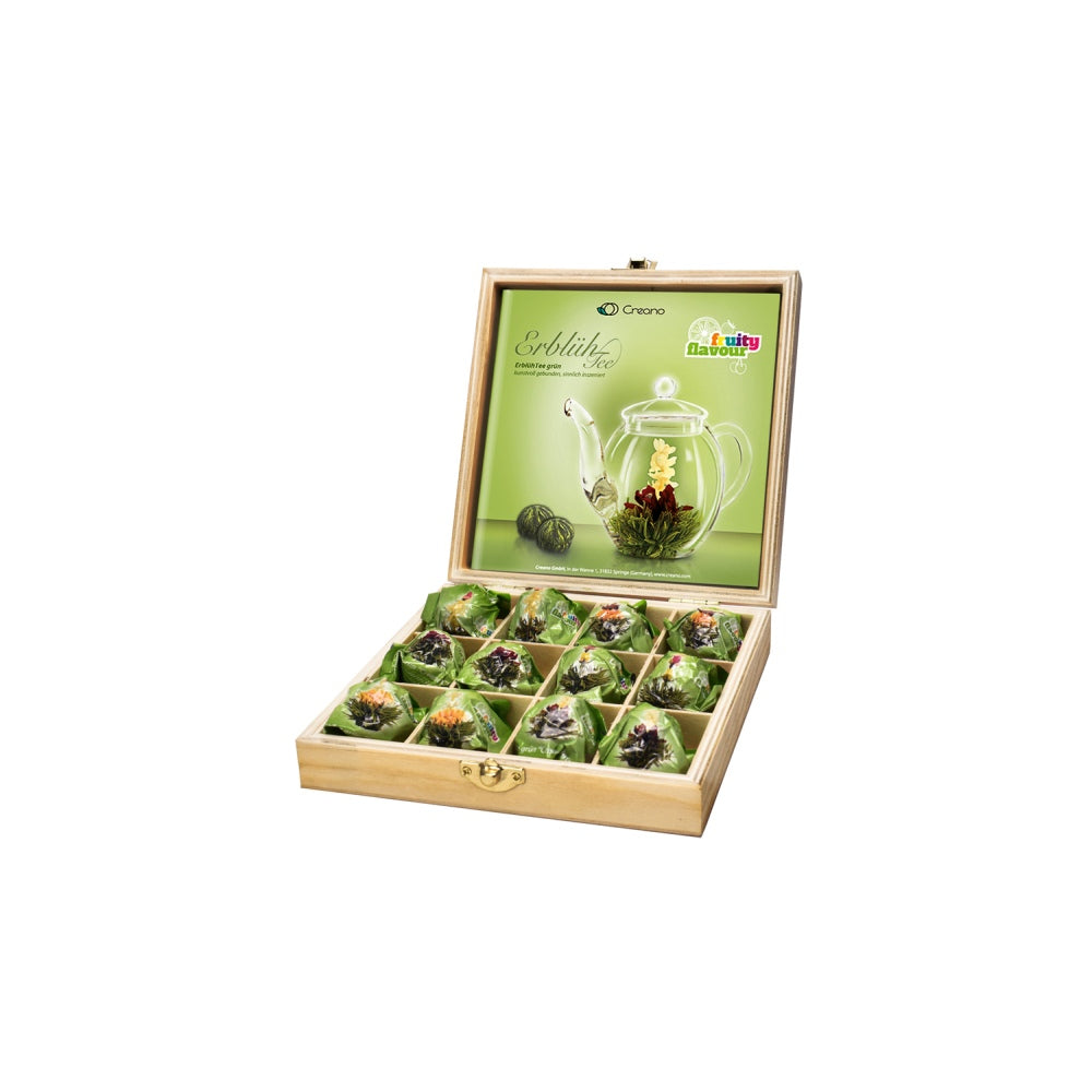Creano Erblühtee Grüntee – 12 Teeblumen – Holzbox