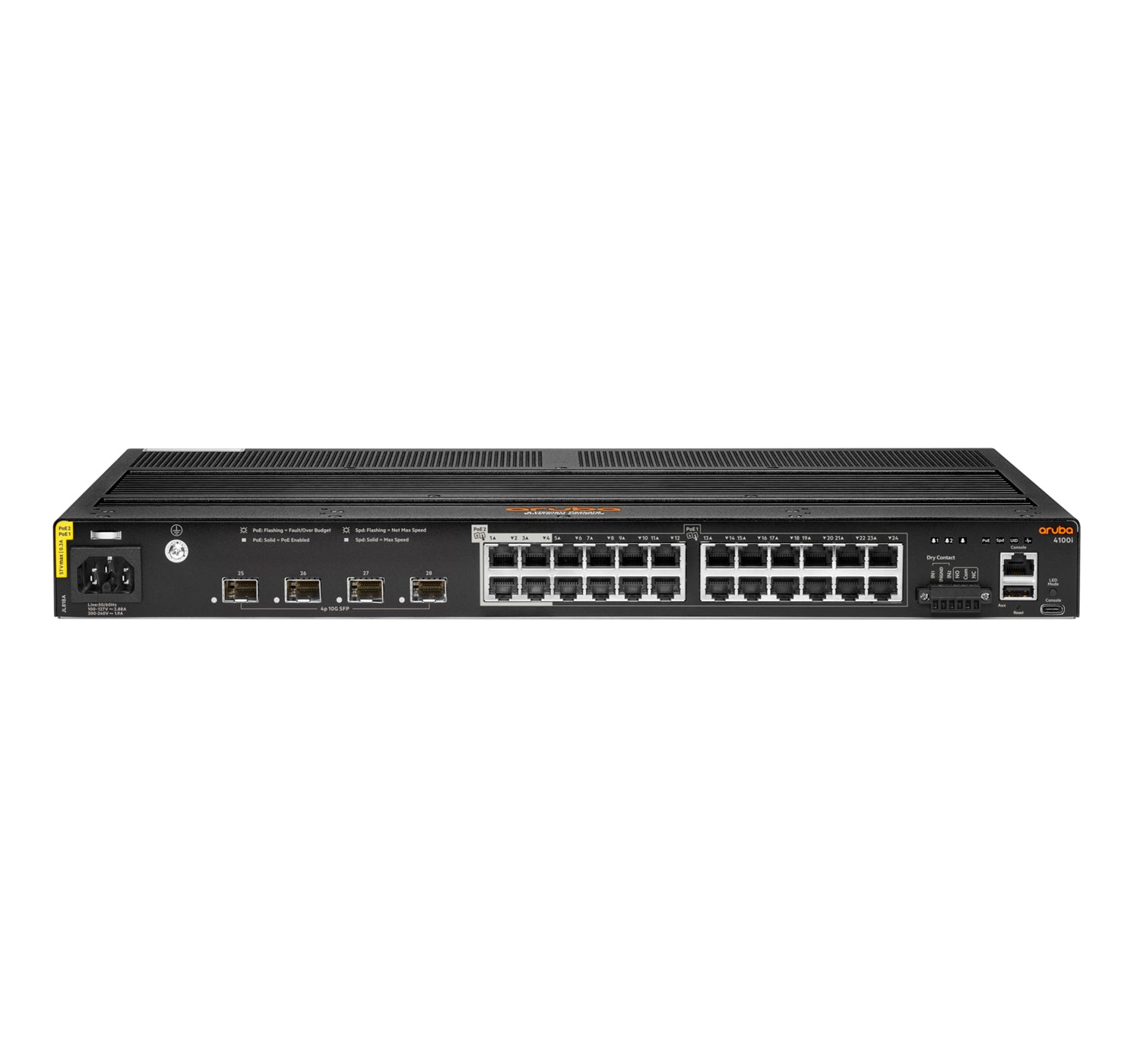 HPE Aruba 4100i – Managed L2 Switch – 24× 1G, 4× SFP+, PoE/PoE+/PoE++, PoE-Budget 240 W, 19", 1U