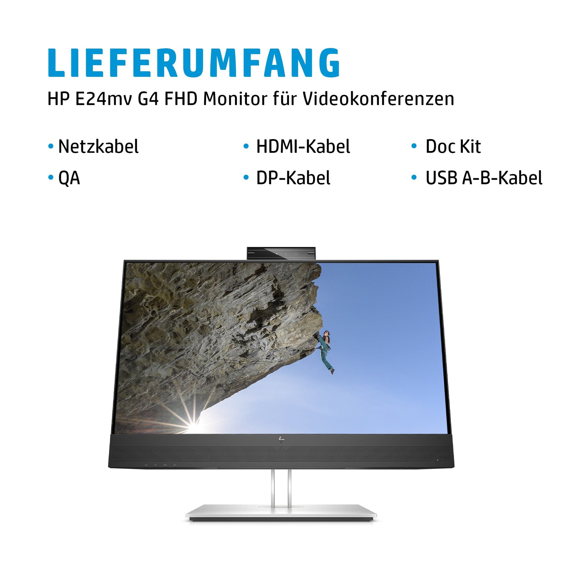 HP E24mv G4 – Monitor, 23,8", 1920 × 1080 (Full HD), IPS, 60 Hz, 250 cd/m², Webcam, VESA 100 × 100, Schwarz