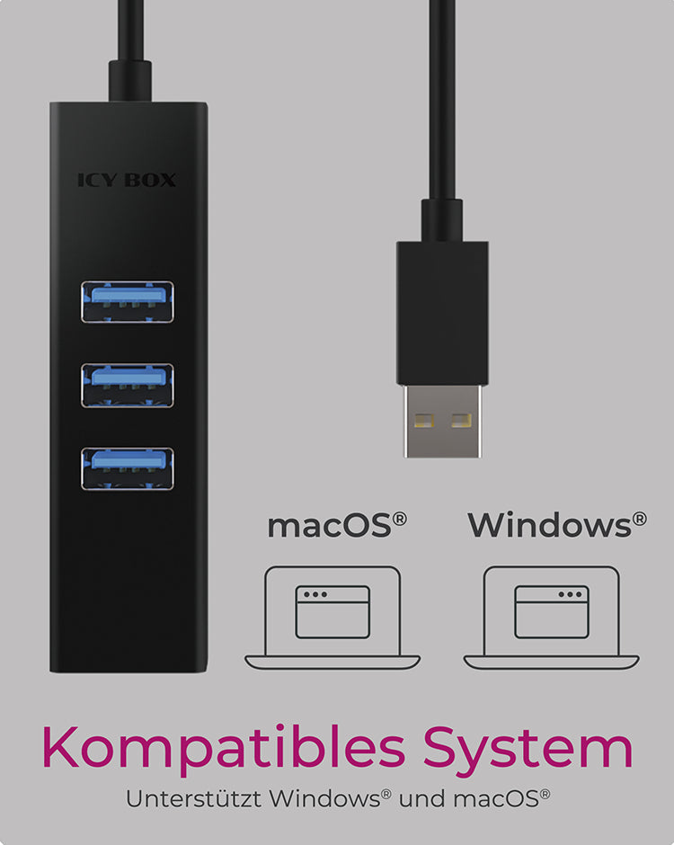 ICY BOX IBHUB1419 USB-Hub – 3× USB-A, GbE, für Windows/Mac