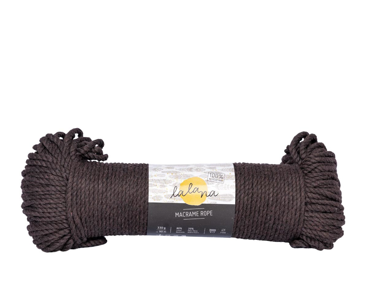 lalana Makramee-Kordel Dunkelbraun – Ø 3 mm, 330 g, 90 m, 80% Baumwolle/20% andere Fasern