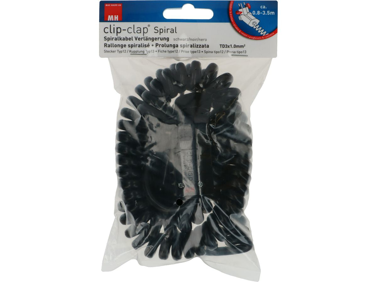 Max Hauri AG Max Hauri Verlängerungskabel T12–T13, 3,5 m, 1 mm², spiralförmig, Drehwinkelstecker – schwarz