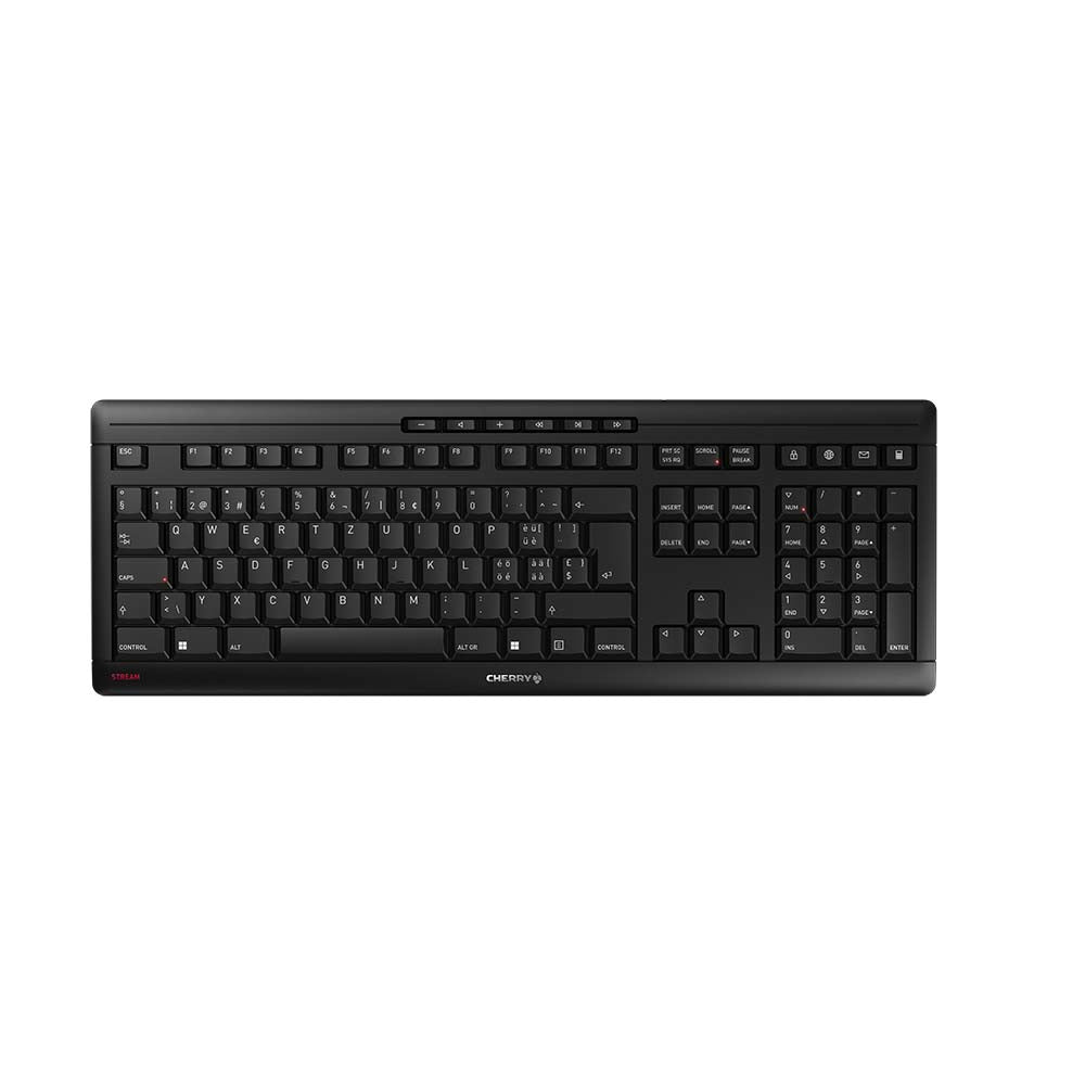 Cherry Stream Wireless – Tastatur, kabellos (2,4 GHz), kabelgebunden (USB-A), CH-Layout (DE-CH), Fullsize (mit Ziffernblock)