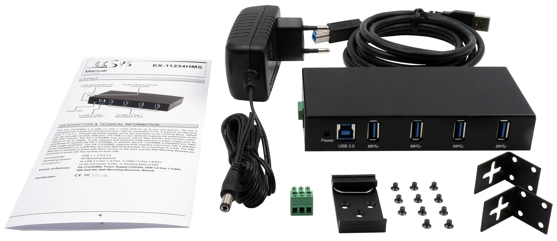 EXSYS EX-11234HMS USB-Hub – USB-B, 4× USB-A, für Windows/Mac/Linux