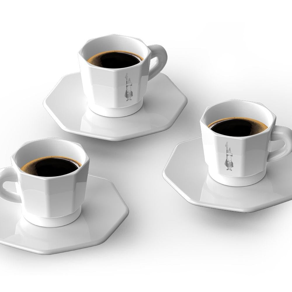 Bialetti Espressotasse RTATZ402 – 4er Set, 80 ml, Porzellan, Weiss, mit Unterteller