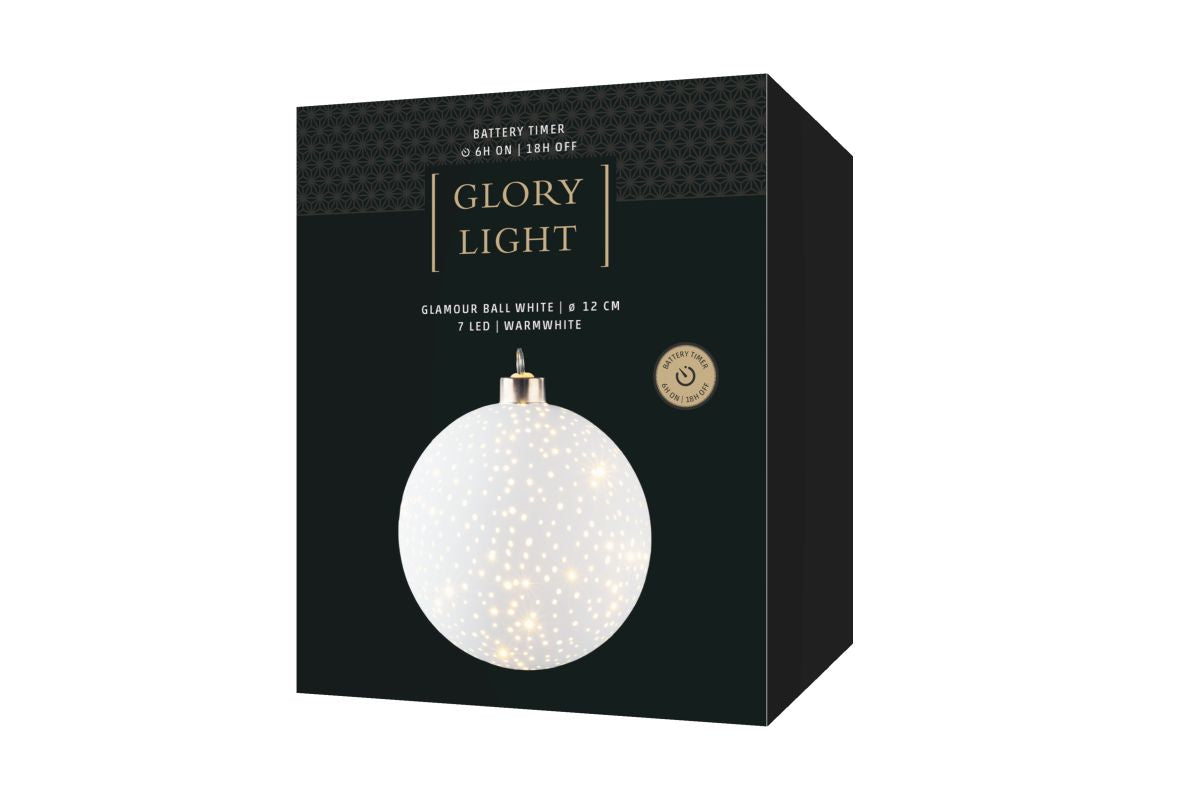 STT Dekorationskugel Glamour Ball – Ø 12 cm, Warmweiss, Batteriebetrieb, Timer 6/18 h, 3×AA, Weiss