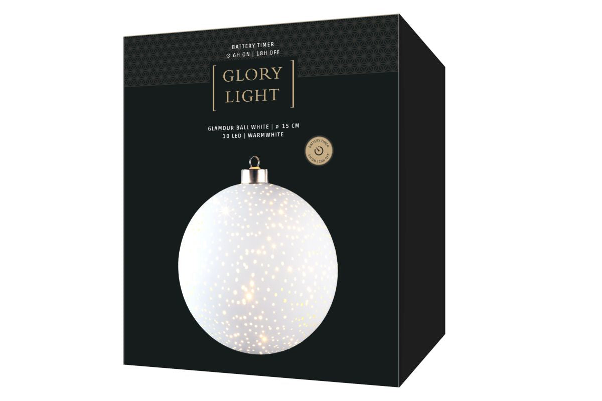 STT Glamour Ball Dekorationsfigur – Ø 15 cm – Glas, Weiss, Akku, 10 LEDs, Timer (6/18 h)