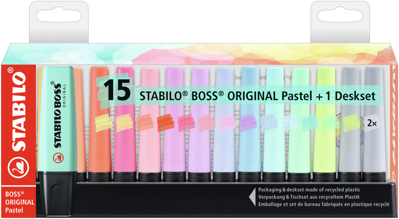 STABILO BOSS Original Textmarker Desktop Set 15 Farben Pastell – Keilspitze, 2–5 mm