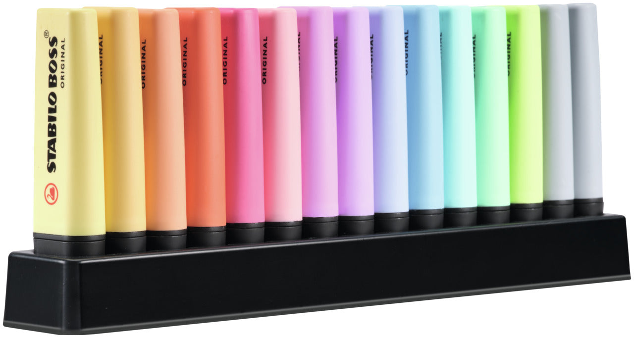 STABILO BOSS Original Textmarker Desktop Set 15 Farben Pastell – Keilspitze, 2–5 mm