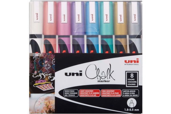 Uni-Ball PWE-5M Kreidemarker – Keilspitze 1,8–2,5 mm – 8er-Set, Gemischte Farben