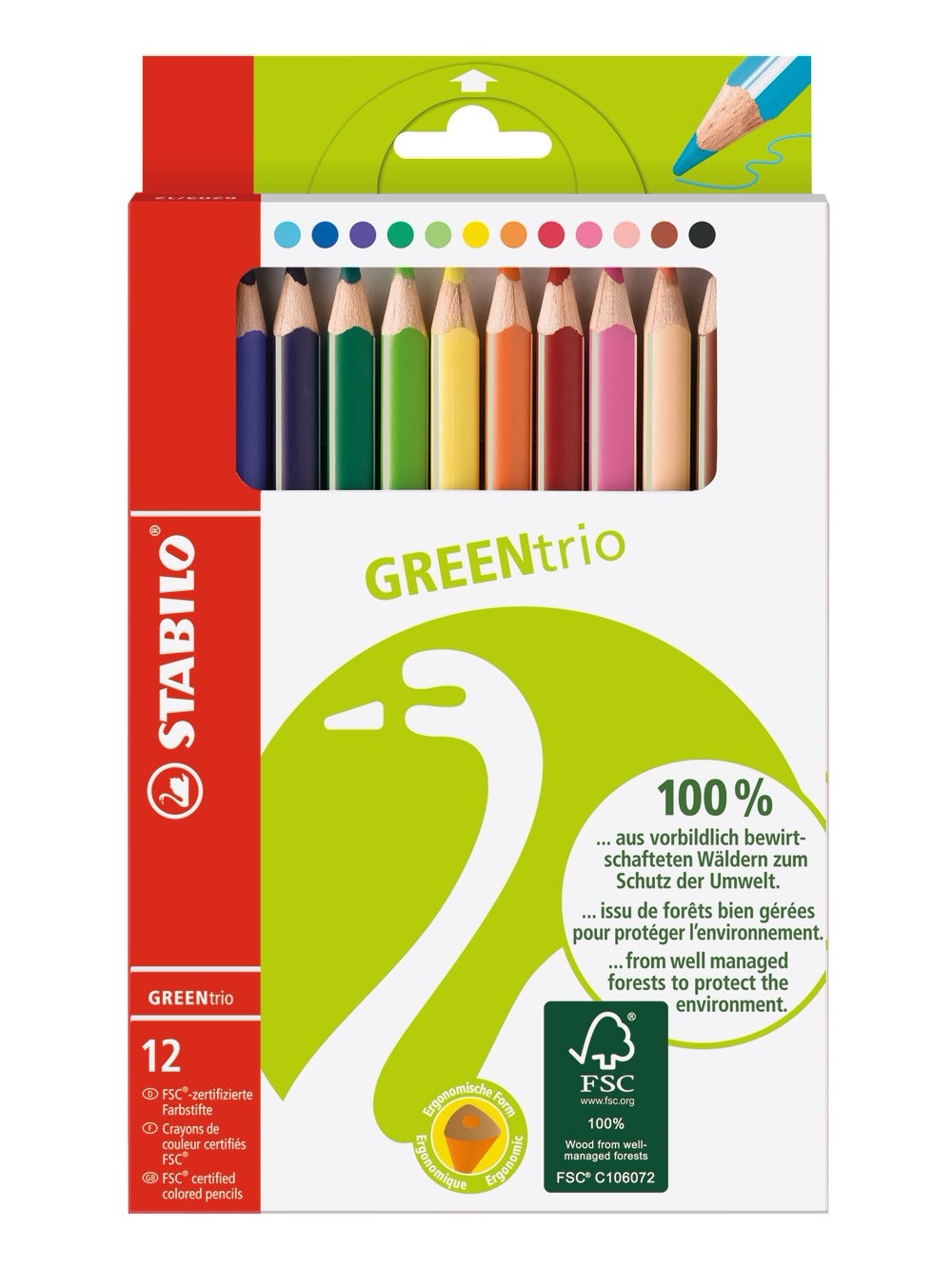 STABILO Buntstifte GREENtrio – Dreikant, Minen-Ø 4,2 mm, 12 Farben, im Kartonetui
