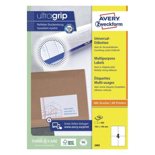 Avery Bogenetiketten, 105 mm × 148 mm, weiss, Papier, permanent, Packung 400 Etiketten (100 Blatt)