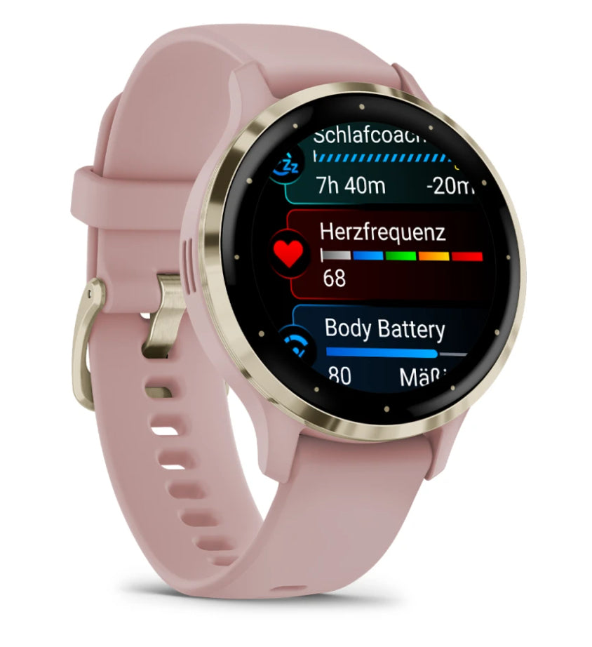 Garmin Venu 3S – Smartwatch – 41 mm, 1,2", GPS, WLAN, AMOLED, Gorilla Glass, 50 m, Hellrosa/Gold, Sportarmband