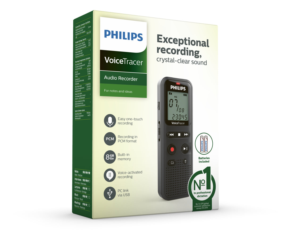 Philips VoiceTracer DVT1160 – Digitales Diktiergerät – 8 GB, 44 h – Schwarz