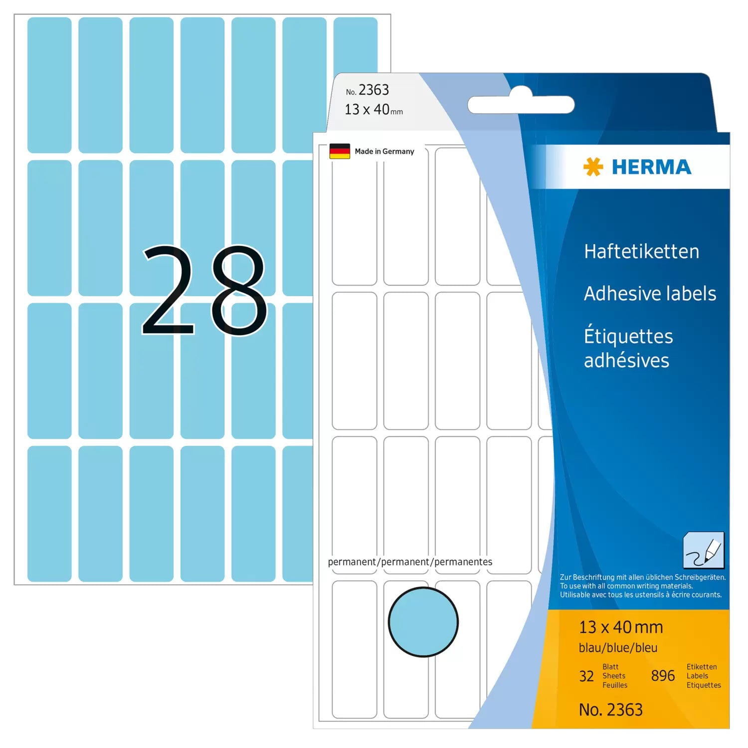 HERMA Schuletiketten – 13 × 40 mm, Abgerundete Ecken, 896 Stk, 32 Bogen, Papier, Permanent Haftend