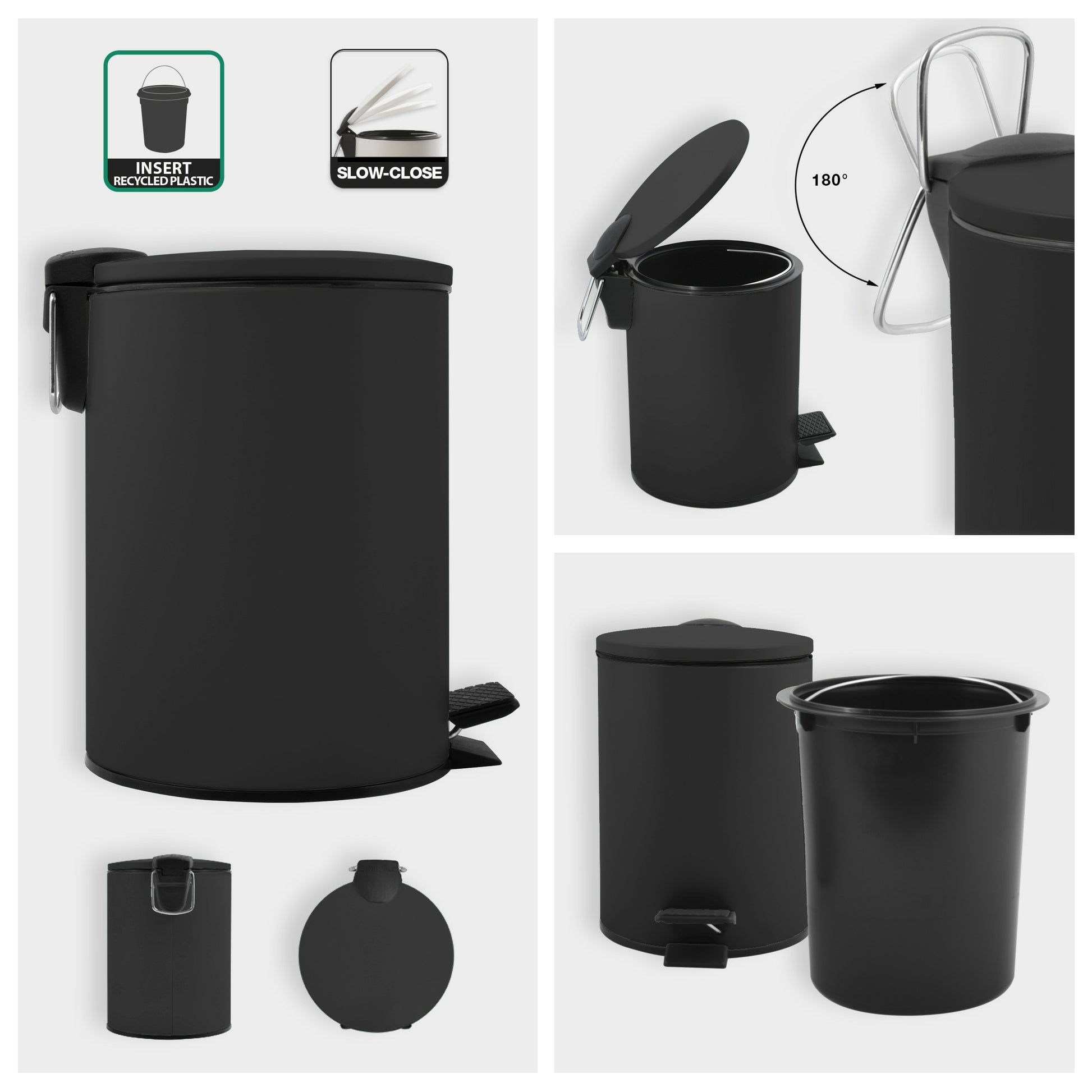 Spirella Papierkorb Adelar – 3 l – Stahl, schwarz matt – B × H × T 168 × 228 × 250 mm
