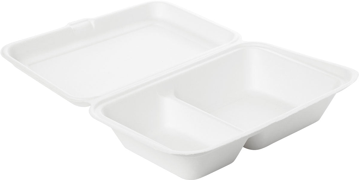 BioPak Take-away-Box, Bagasse (Zuckerrohr), 2-geteilt – 770 ml, 241 × 163 × 65 mm, weiss – 50 Stk.
