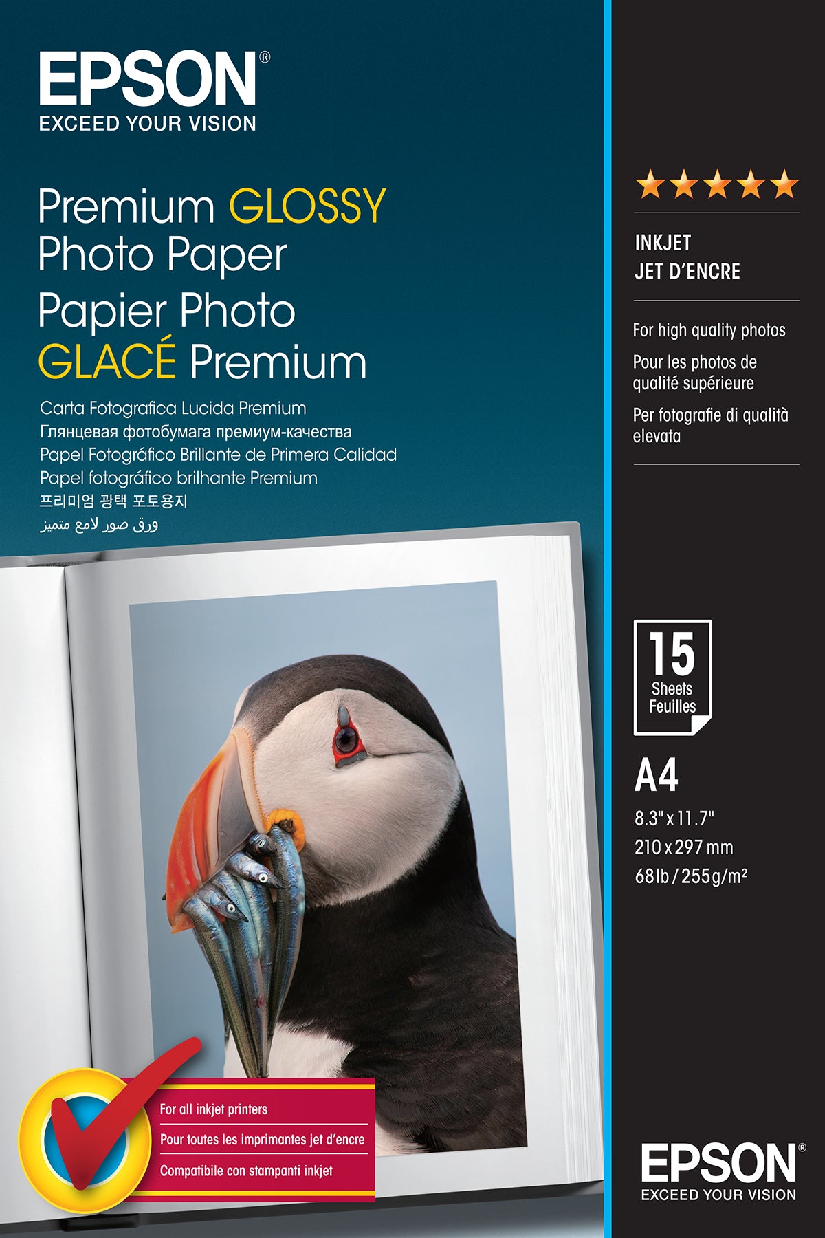 Epson Premium Glossy Fotopapier – hochglänzend, A4, 255 g/m², 15 Blatt, für Inkjet