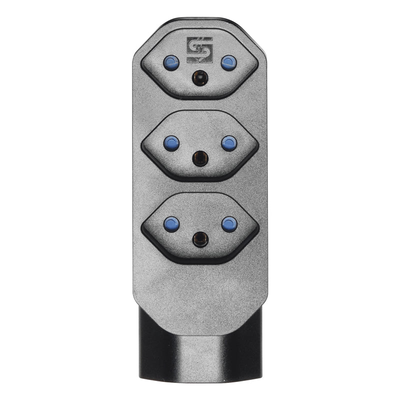 Steffen Manta Reiseadapter Typ J zu 4× Typ J – 250 V, 10 A, drehbar 320°, Kinderschutz – Schwarz