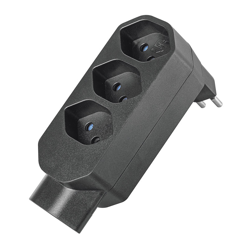 Steffen Manta Reiseadapter Typ J zu 4× Typ J – 250 V, 10 A, drehbar 320°, Kinderschutz – Schwarz