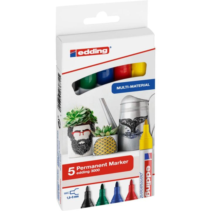 Edding 3000 Permanentmarker – Rundspitze 1,5–3 mm – Mehrfarbig – 5er-Pack – für Glas, Metall und Kunststoff