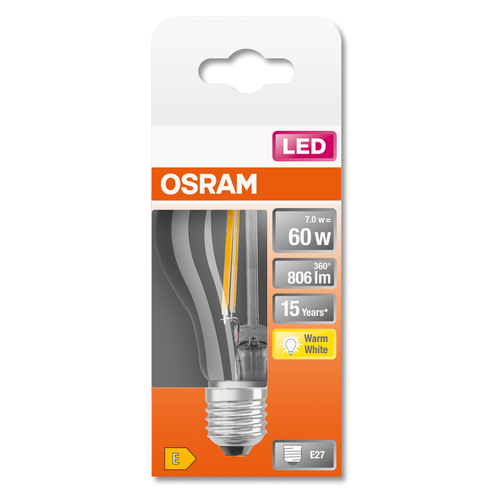 Osram LED-Leuchtmittel Classic A Filament E27 – 7 W, 806 lm, 2700 K Warmweiss, Klar