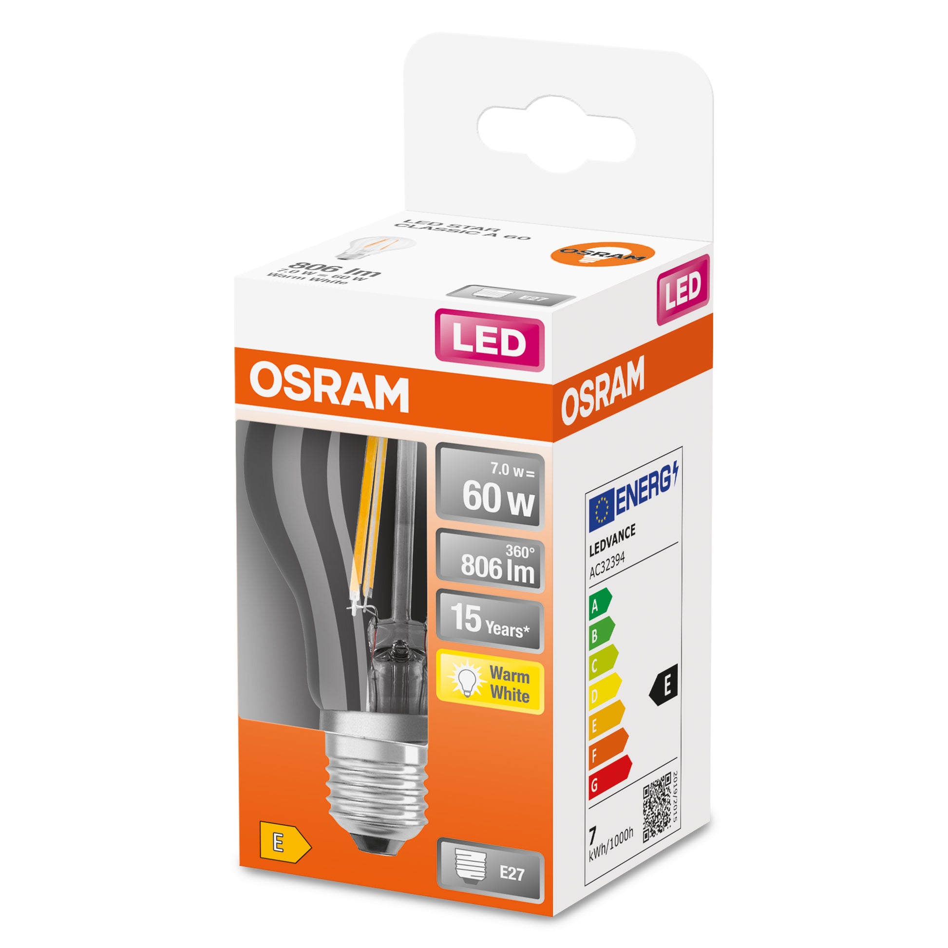 Osram LED-Leuchtmittel Classic A Filament E27 – 7 W, 806 lm, 2700 K Warmweiss, Klar