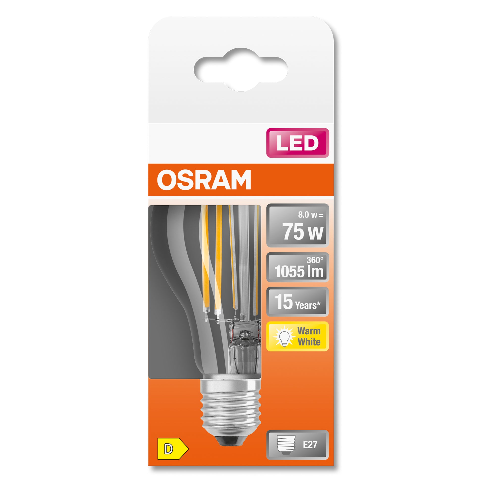 Osram LED-Leuchtmittel Classic A Filament E27 – 8 W, 1055 lm, 2700 K Warmweiss, Klar