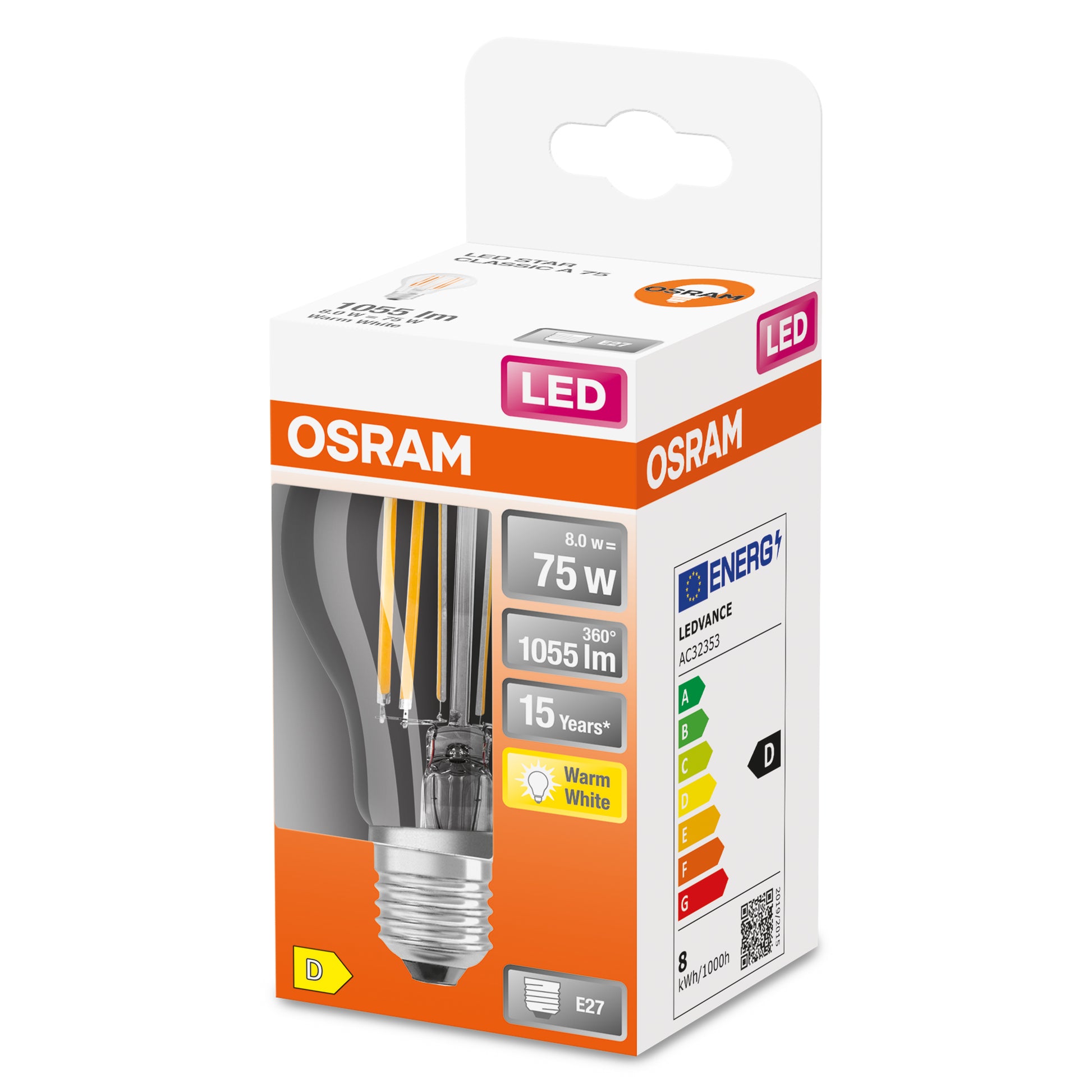 Osram LED-Leuchtmittel Classic A Filament E27 – 8 W, 1055 lm, 2700 K Warmweiss, Klar