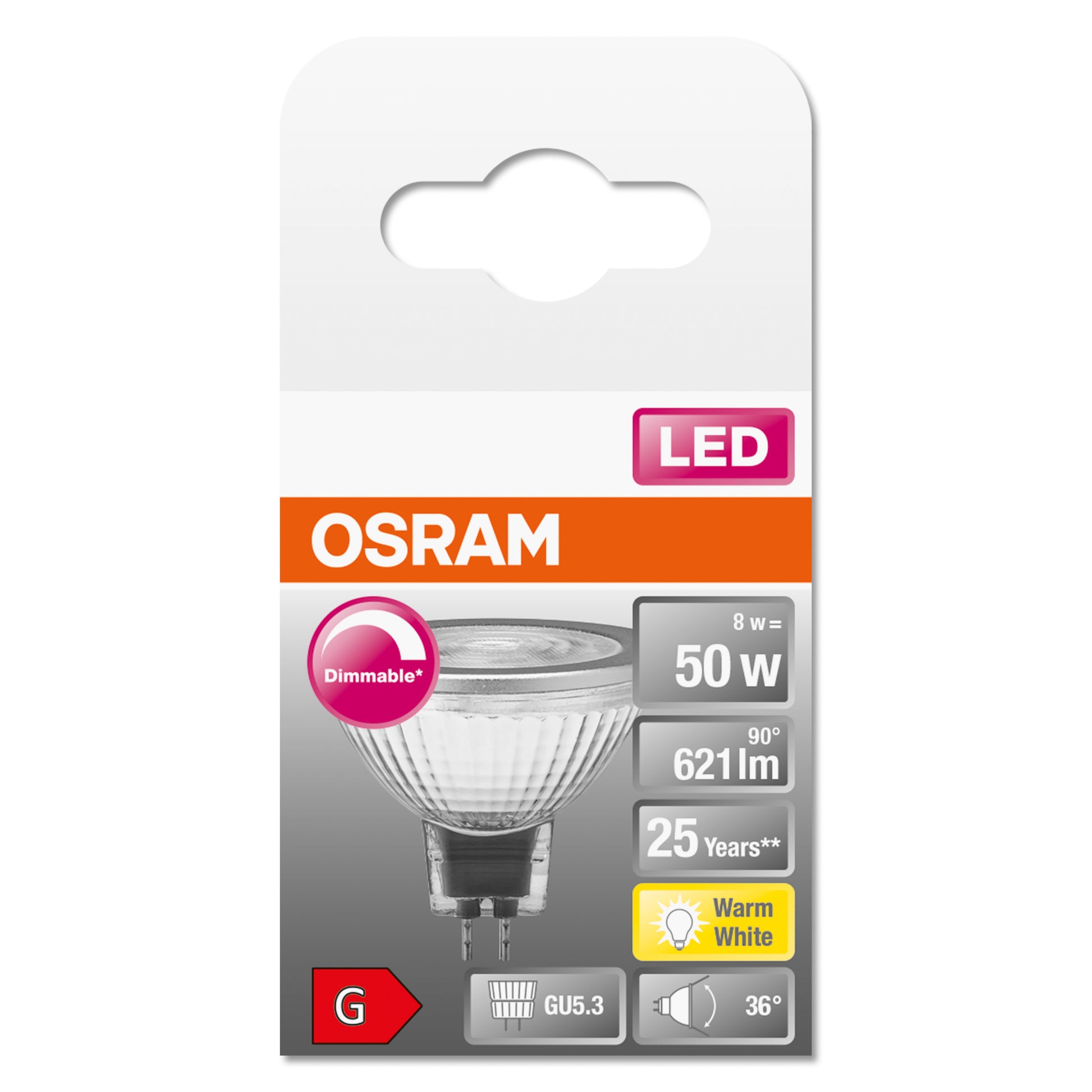 Osram LED-Reflektor MR16 GU5.3 – 8 W dimmbar, 561 lm, 2700 K warmweiss, transparentes Glas