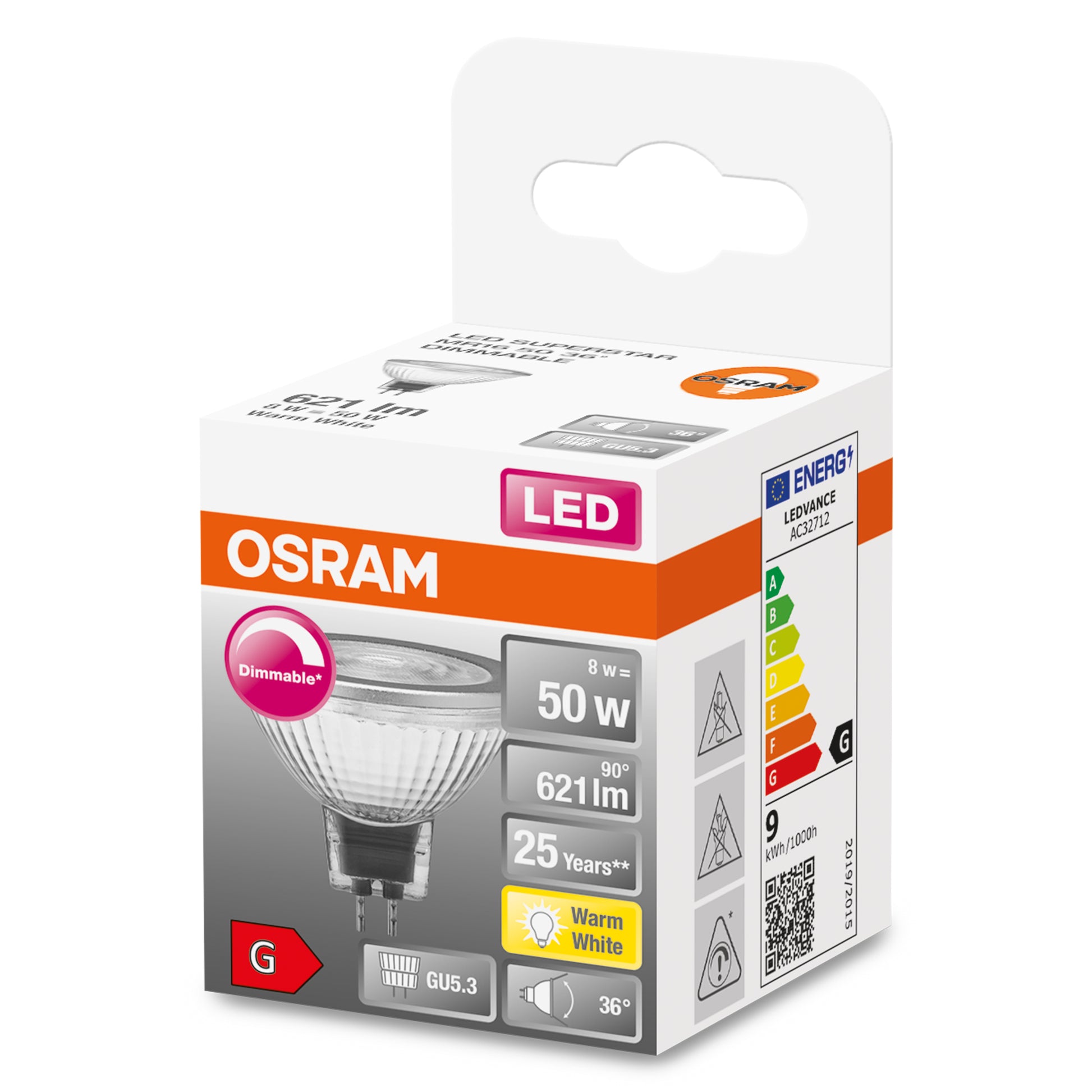 Osram LED-Reflektor MR16 GU5.3 – 8 W dimmbar, 561 lm, 2700 K warmweiss, transparentes Glas