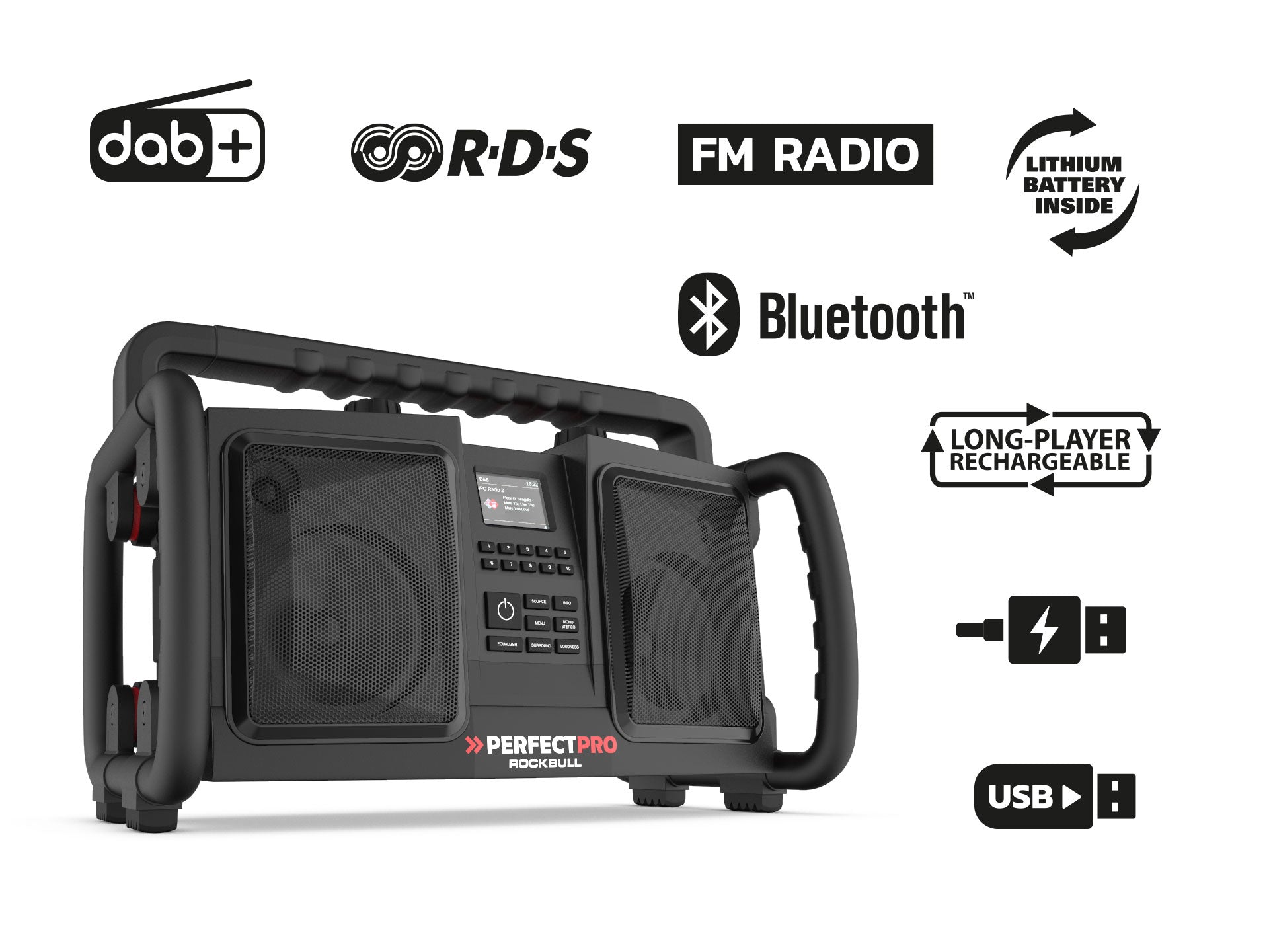 Perfectpro ROCKBULL – Baustellenradio – DAB+, Bluetooth, IP65, Akkubetrieb – Schwarz
