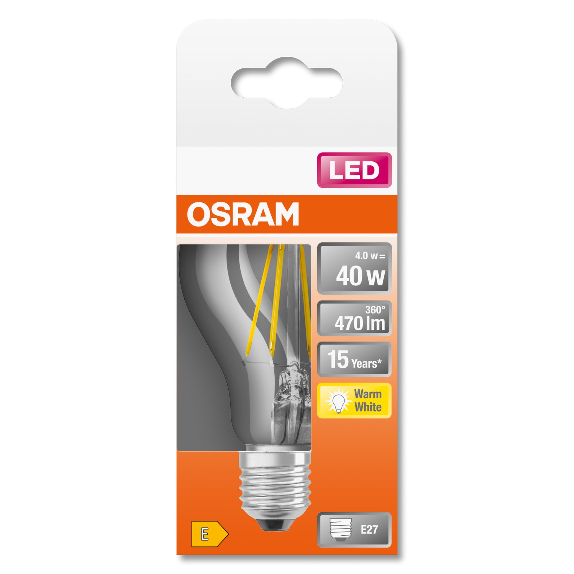 Osram Retrofit Classic A Filament LED-Leuchtmittel E27 – 4 W, 470 lm, 2700 K warmweiss, transparent