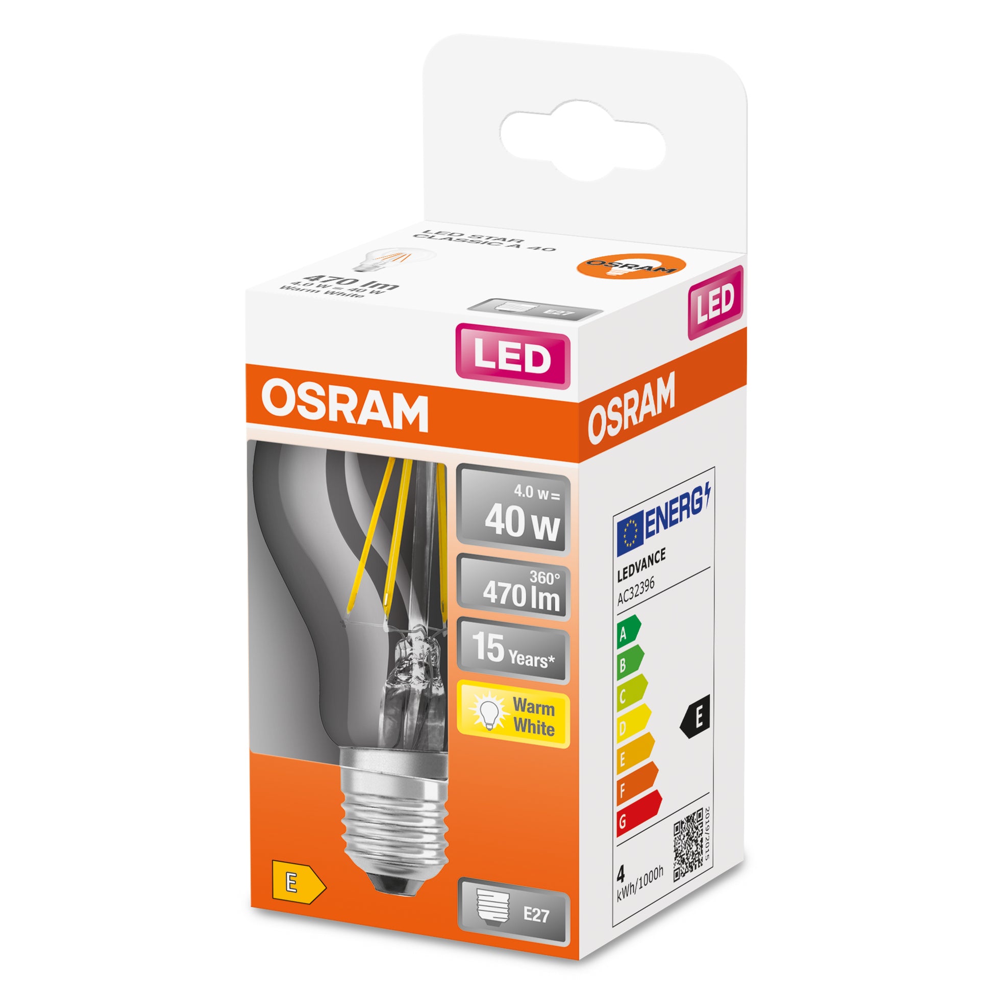 Osram Retrofit Classic A Filament LED-Leuchtmittel E27 – 4 W, 470 lm, 2700 K warmweiss, transparent