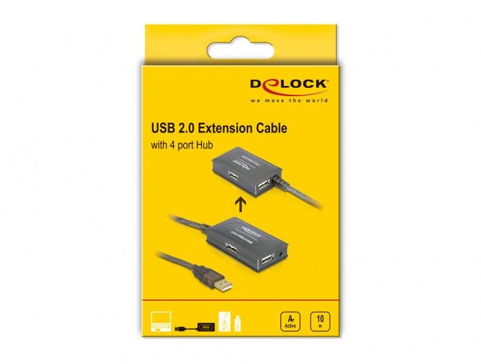 DeLOCK USB-A Verlängerungskabel (Stecker auf Buchse) – USB 2.0 (480 Mbit/s) – 10 m – Aktiv, integrierter Hub