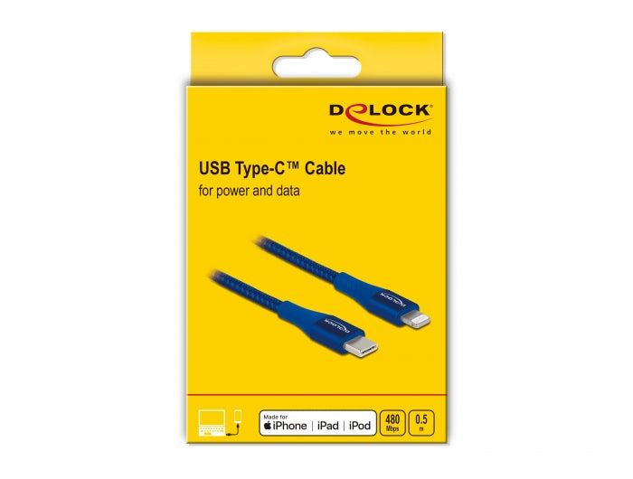 DeLOCK Kabel – USB-C auf Lightning 0,5 m, MFi zertifiziert, PD 27 W, geflochten, Blau – für iPhone/iPad